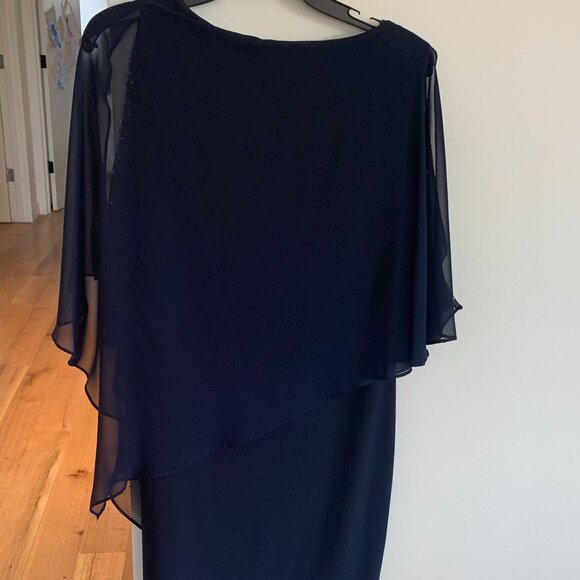 Xcape size Large Navy Knee Length Shift Dress with Beaded Drape. - Picture 5 of 8